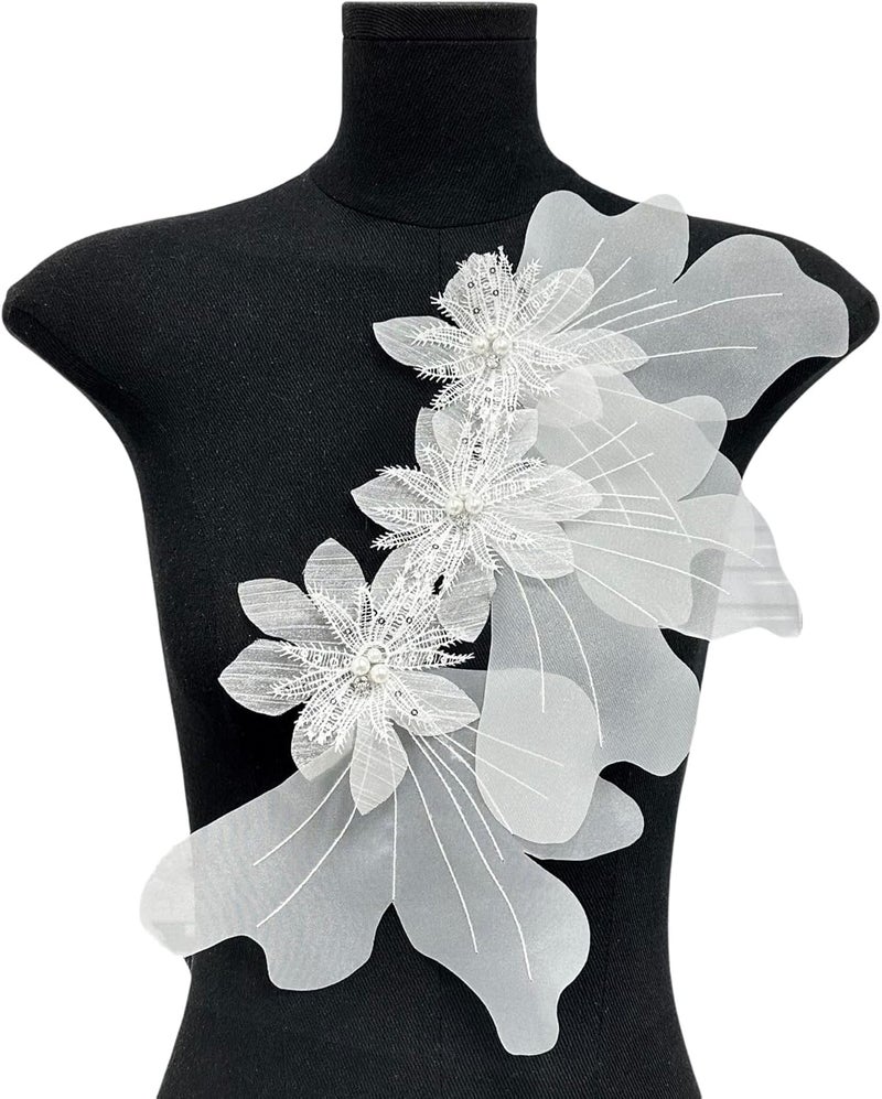 JRYYR Flower Lace Appliques, 3D Embroidery Patches for Dresses, Flower Appliques for Clothing, Bags, Jewelry DIY Crafts (White-1) - Image 1